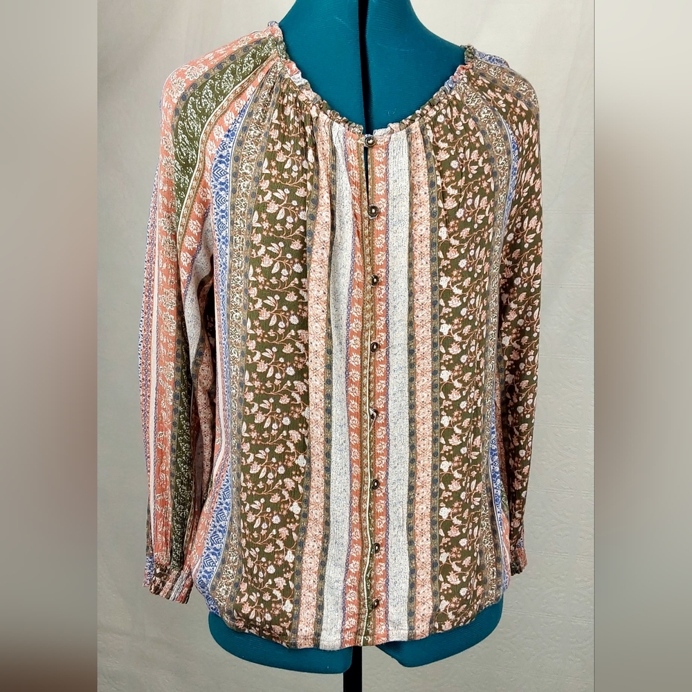 Maurices Multicolor Striped Floral Button Front Blouse